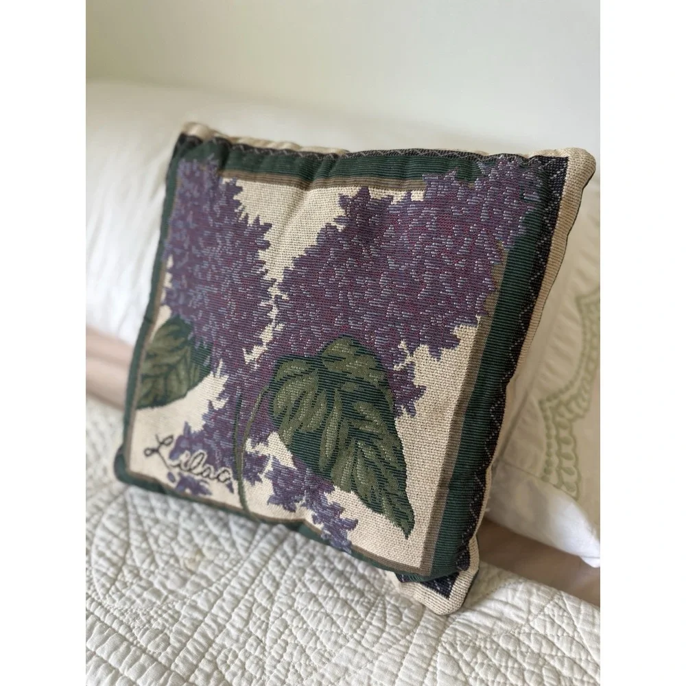 Vtg Lilac Floral Tapestry Throw Pillow Cottagecore Purple Green 11